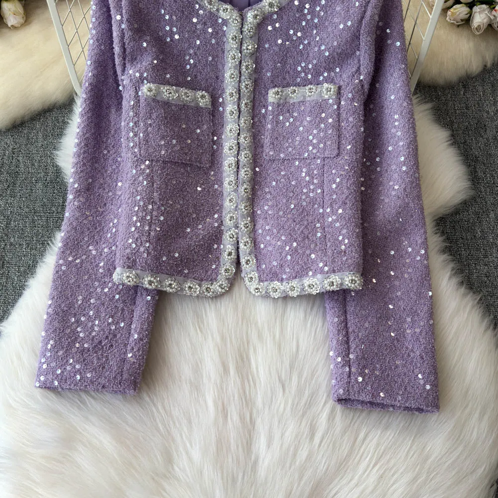 Sequined Blazer&Skirt Tweed 2Pcs