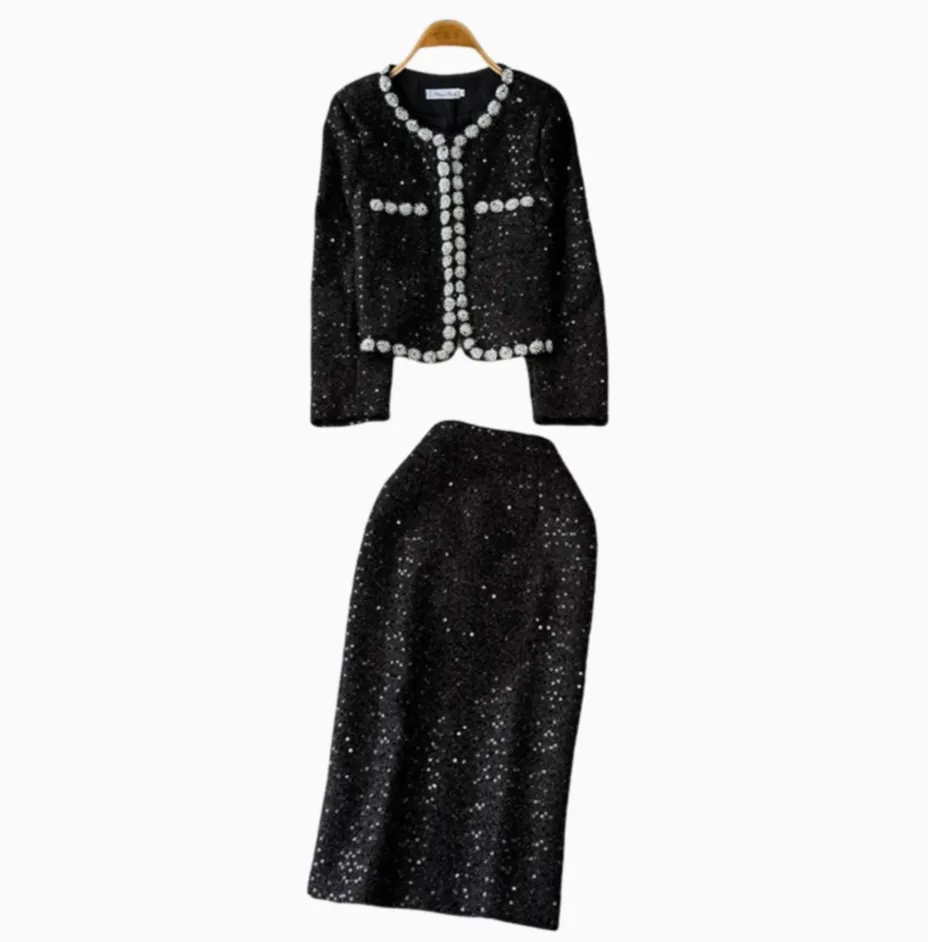 Sequined Blazer&Skirt Tweed 2Pcs