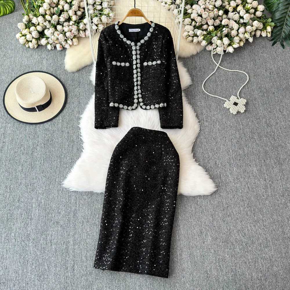 Sequined Blazer&Skirt Tweed 2Pcs
