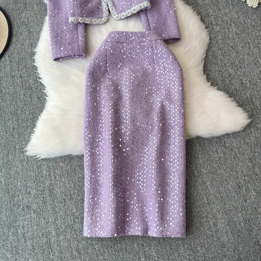 Sequined Blazer&Skirt Tweed 2Pcs