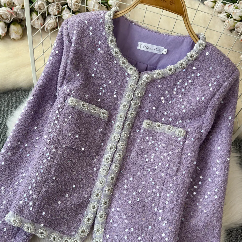 Sequined Blazer&Skirt Tweed 2Pcs
