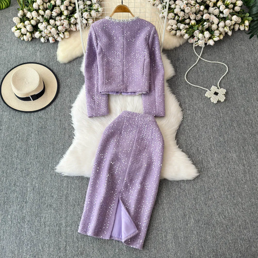 Sequined Blazer&Skirt Tweed 2Pcs