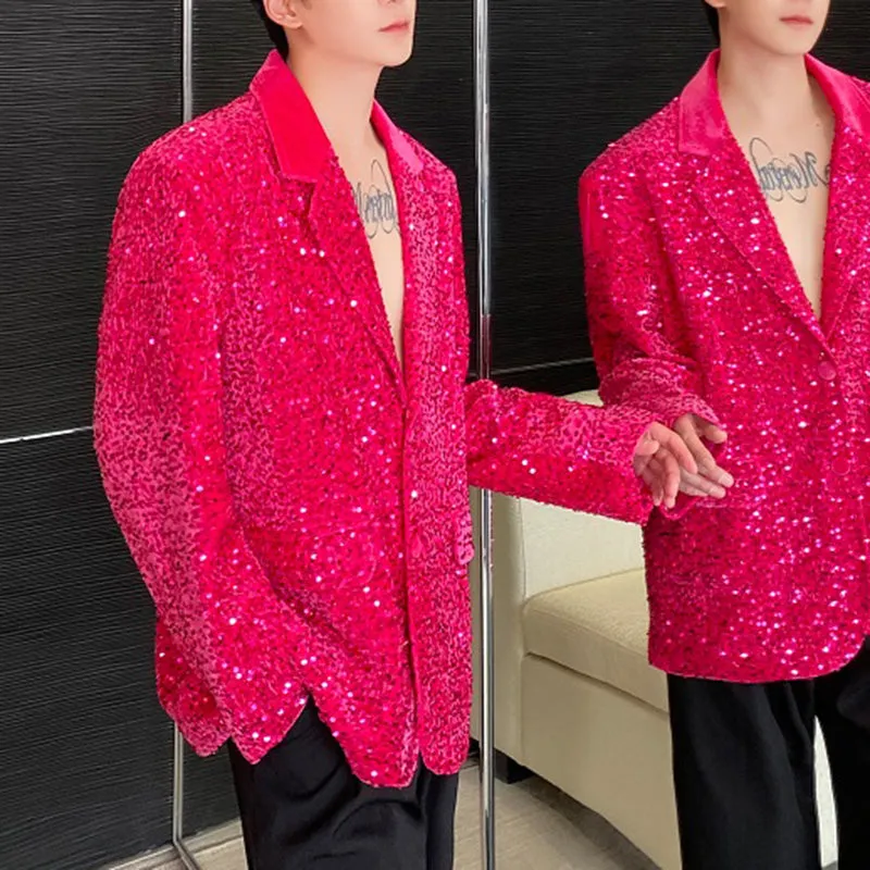 Sequined V-neck Shoulder Padded Lapel Blazer