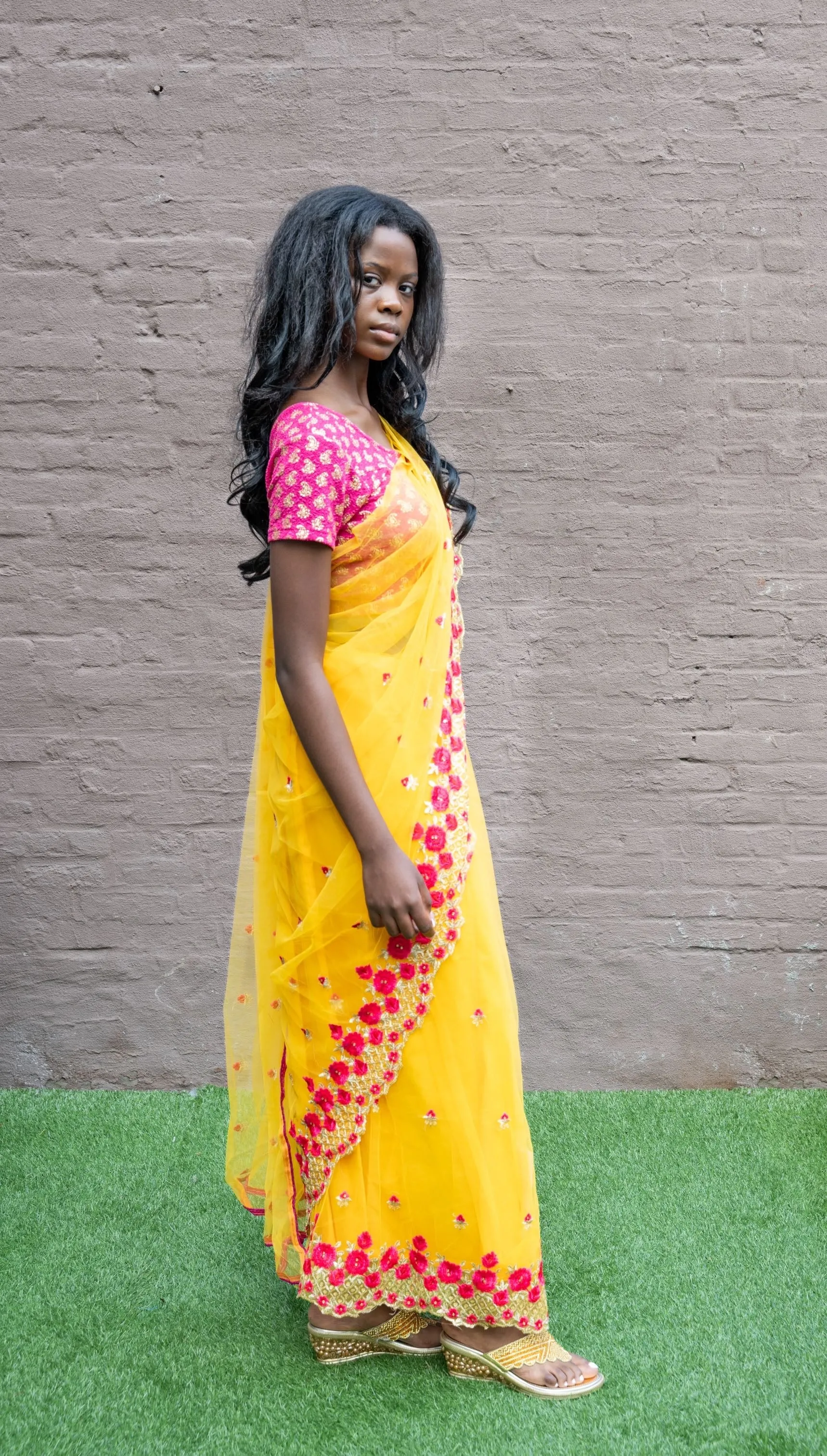 Silk Soft Net Embroidered  Golden Yellow Fully Pleated Saree