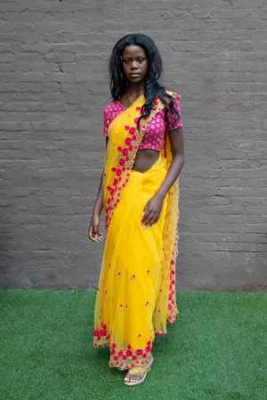 Silk Soft Net Embroidered  Golden Yellow Fully Pleated Saree