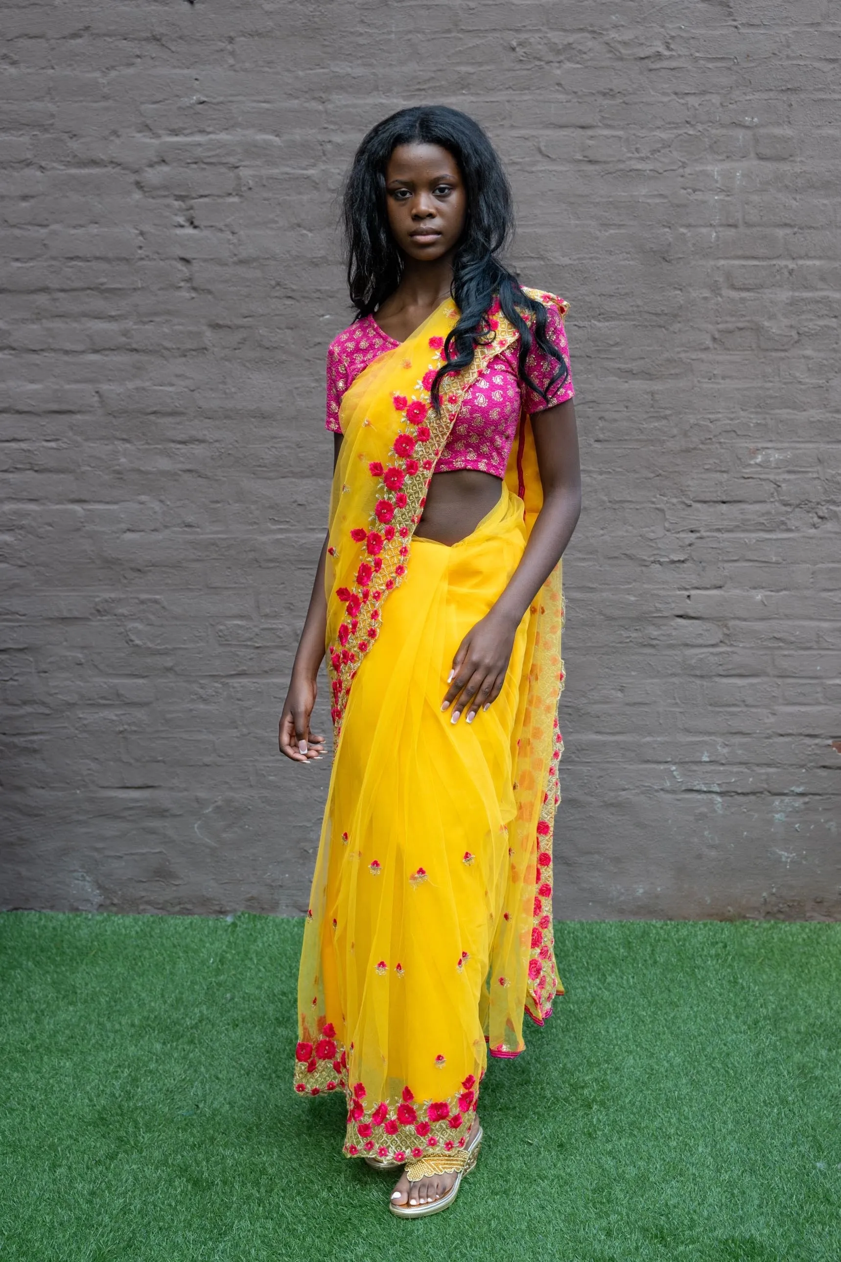 Silk Soft Net Embroidered  Golden Yellow Fully Pleated Saree