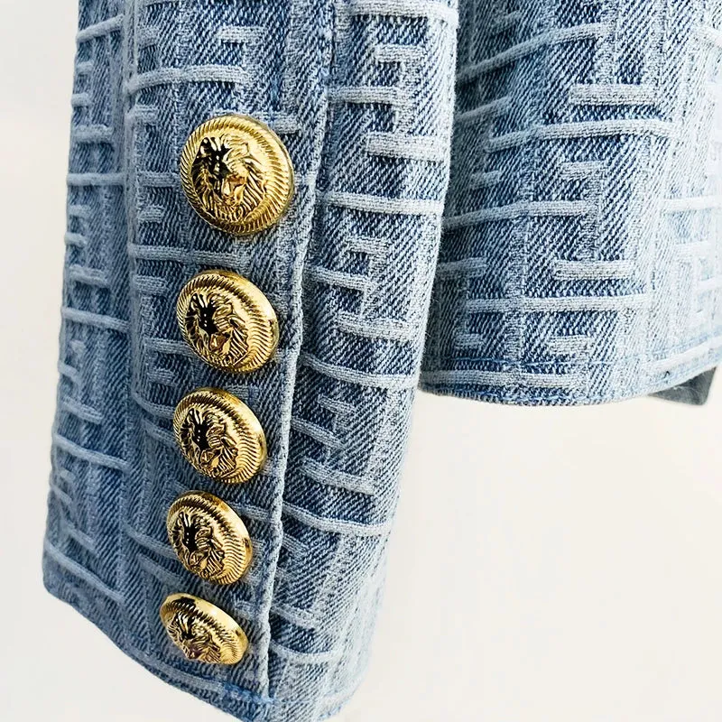 Slim Fit Double Breasted Geometric Denim Blazer Jacket with Gold Buttons