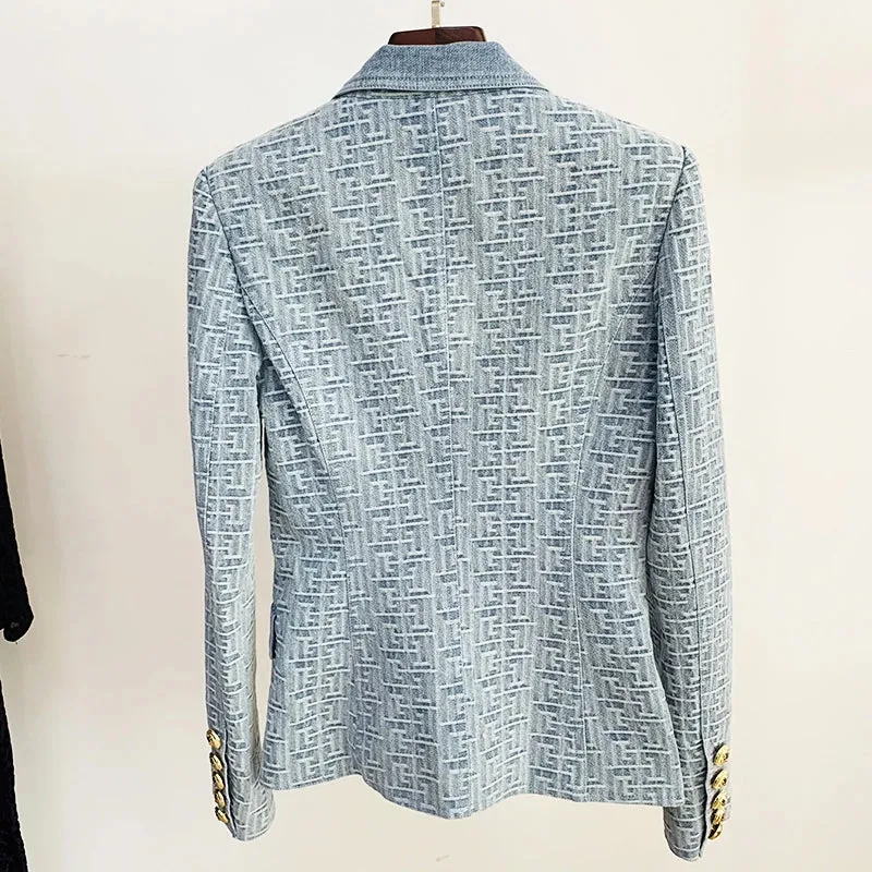 Slim Fit Double Breasted Geometric Denim Blazer Jacket with Gold Buttons