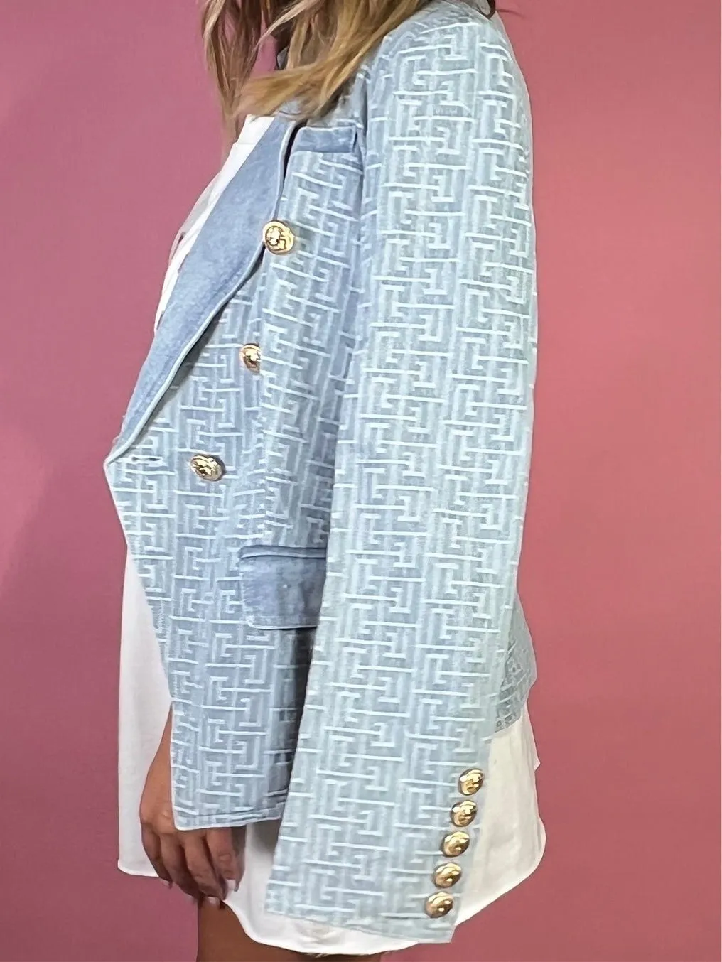 Slim Fit Double Breasted Geometric Denim Blazer Jacket with Gold Buttons