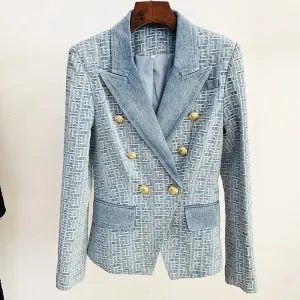 Slim Fit Double Breasted Geometric Denim Blazer Jacket with Gold Buttons