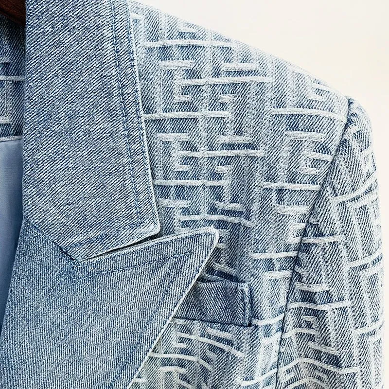 Slim Fit Double Breasted Geometric Denim Blazer Jacket with Gold Buttons