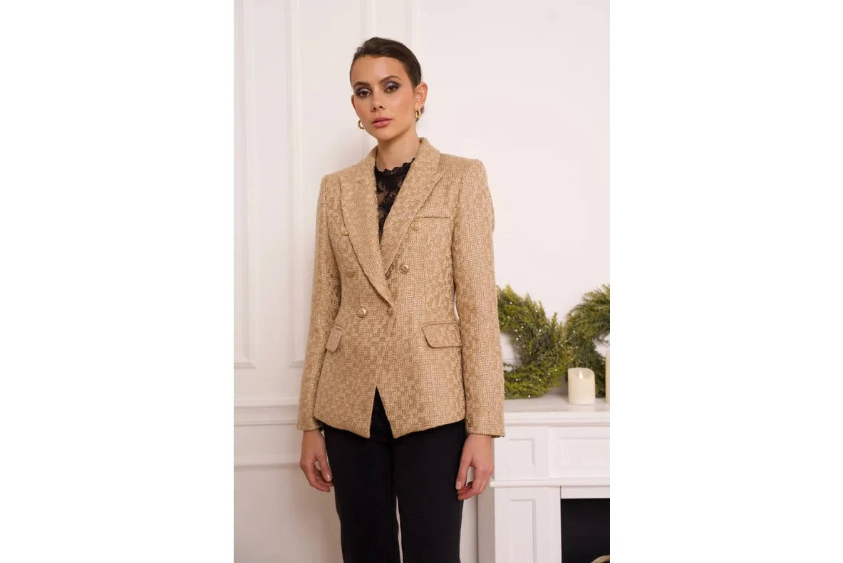 Slim Tweed Blazer Jacket With Gold Stripes Gold