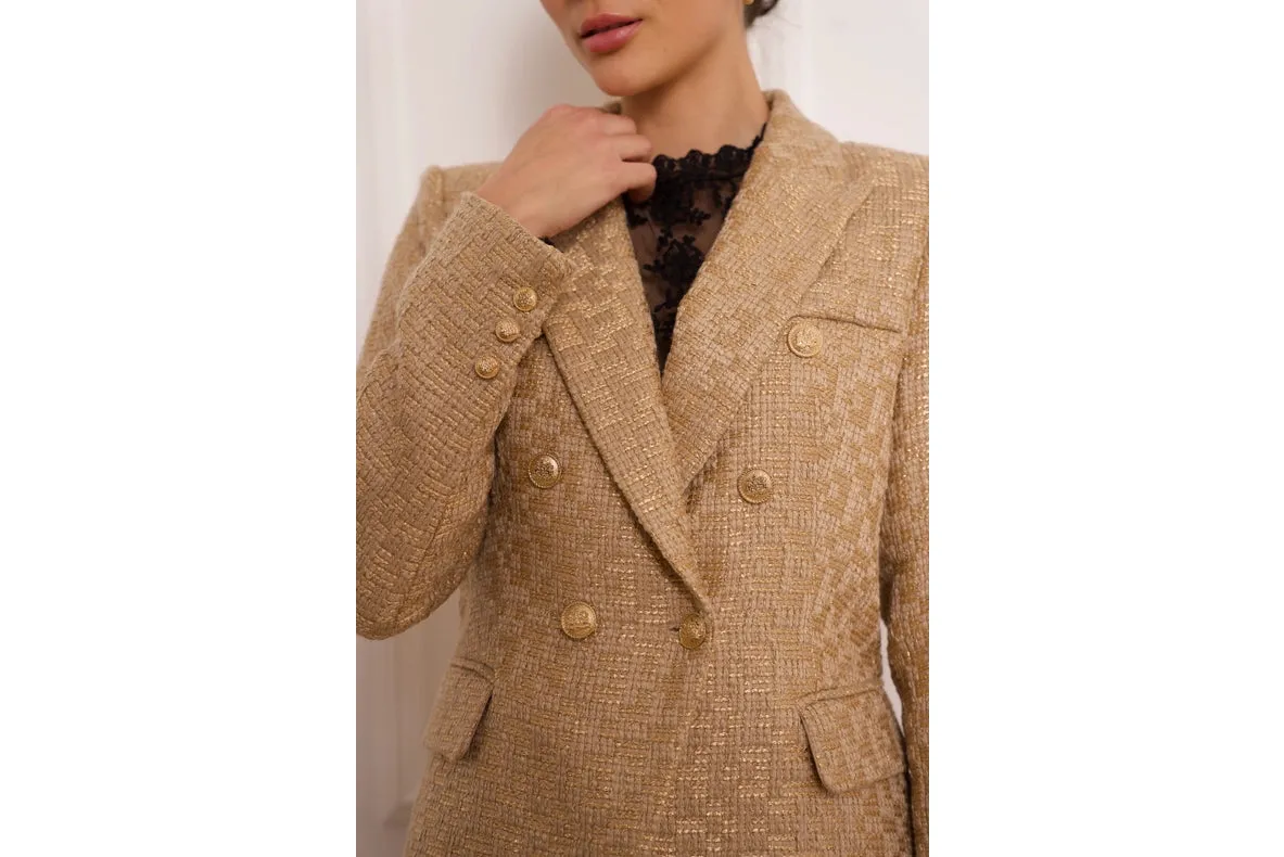 Slim Tweed Blazer Jacket With Gold Stripes Gold
