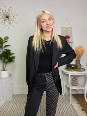 Solid Black Button-Closure Long-Sleeve Blazer
