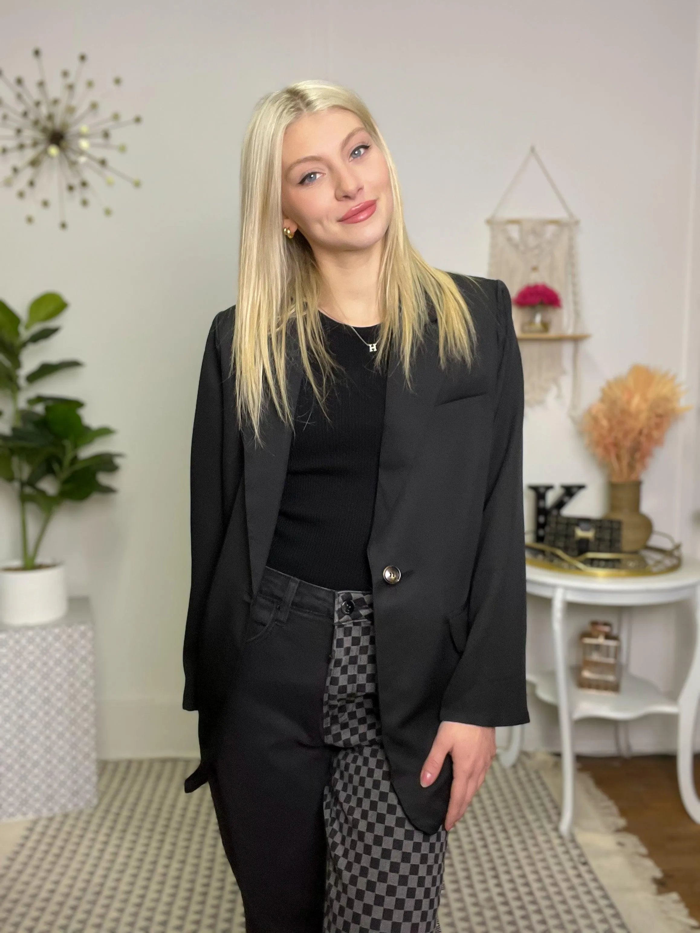 Solid Black Button-Closure Long-Sleeve Blazer