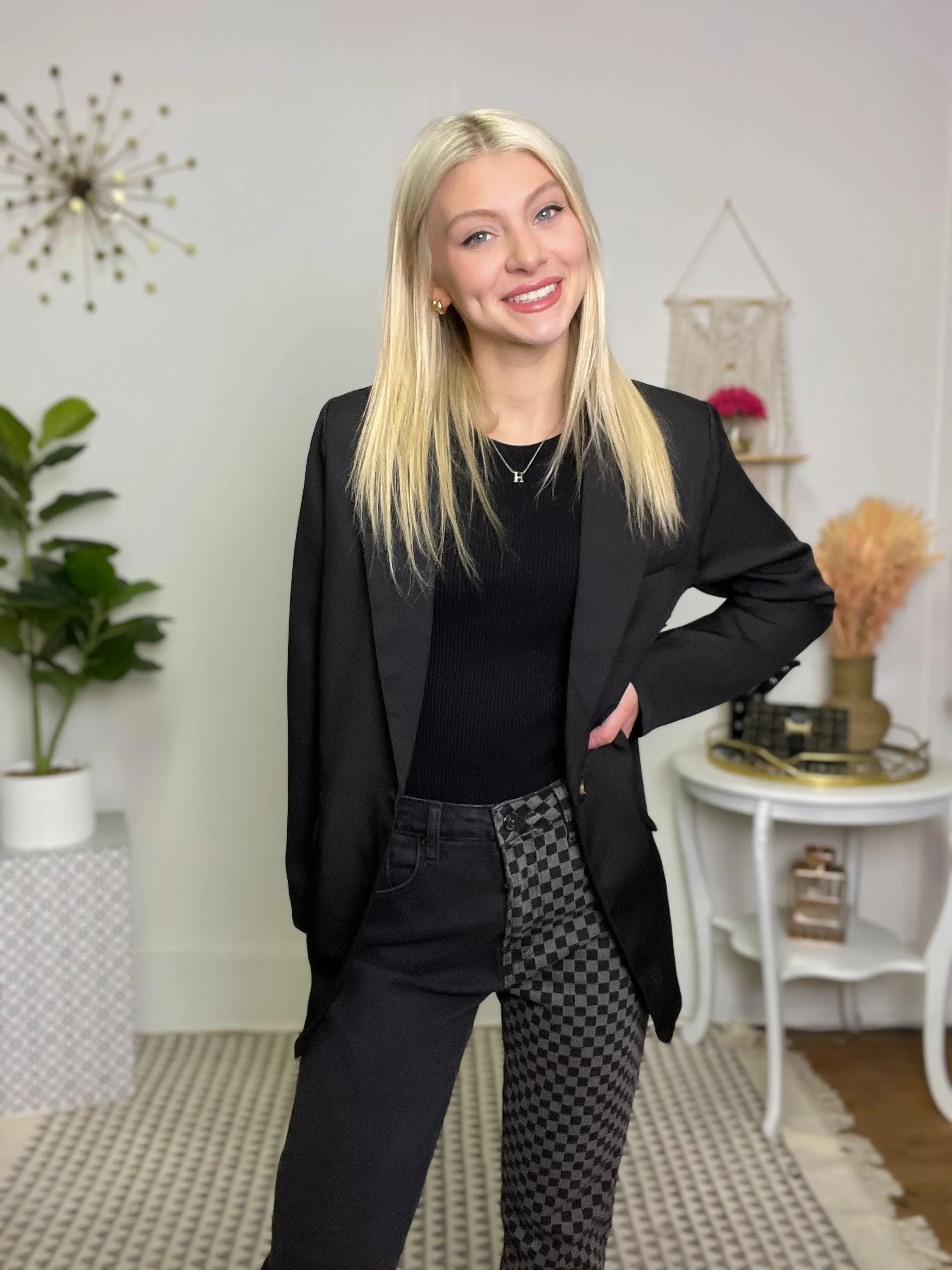 Solid Black Button-Closure Long-Sleeve Blazer