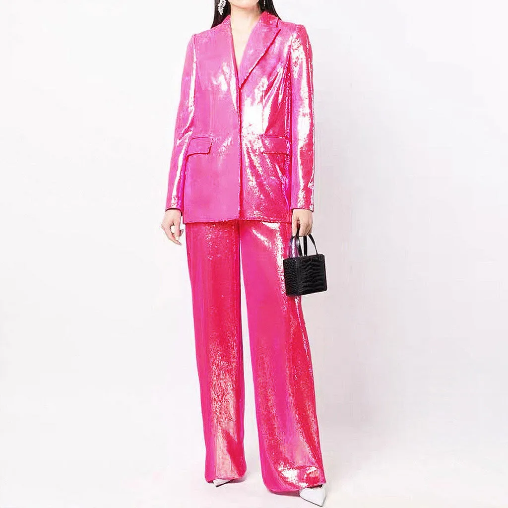 Sparkly Sequin Embellished Wide Leg Peak Lapel Single Breasted Blazer Matching Set