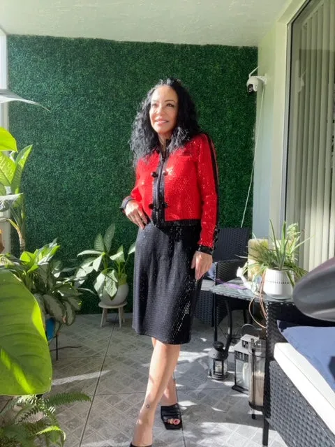 ST. JOHN Evening Paillettes Sequined Knit Suit Jacket black and red
