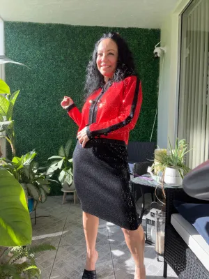 ST. JOHN Evening Paillettes Sequined Knit Suit Jacket black and red