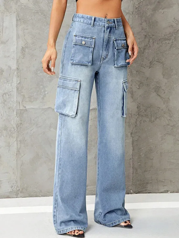 Streetwear Women Y2K Washed Multiple Baggy High Waist Loose Wide Leg Jeans