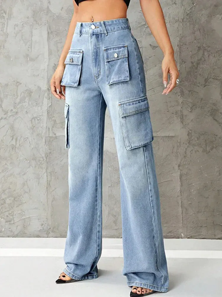 Streetwear Women Y2K Washed Multiple Baggy High Waist Loose Wide Leg Jeans