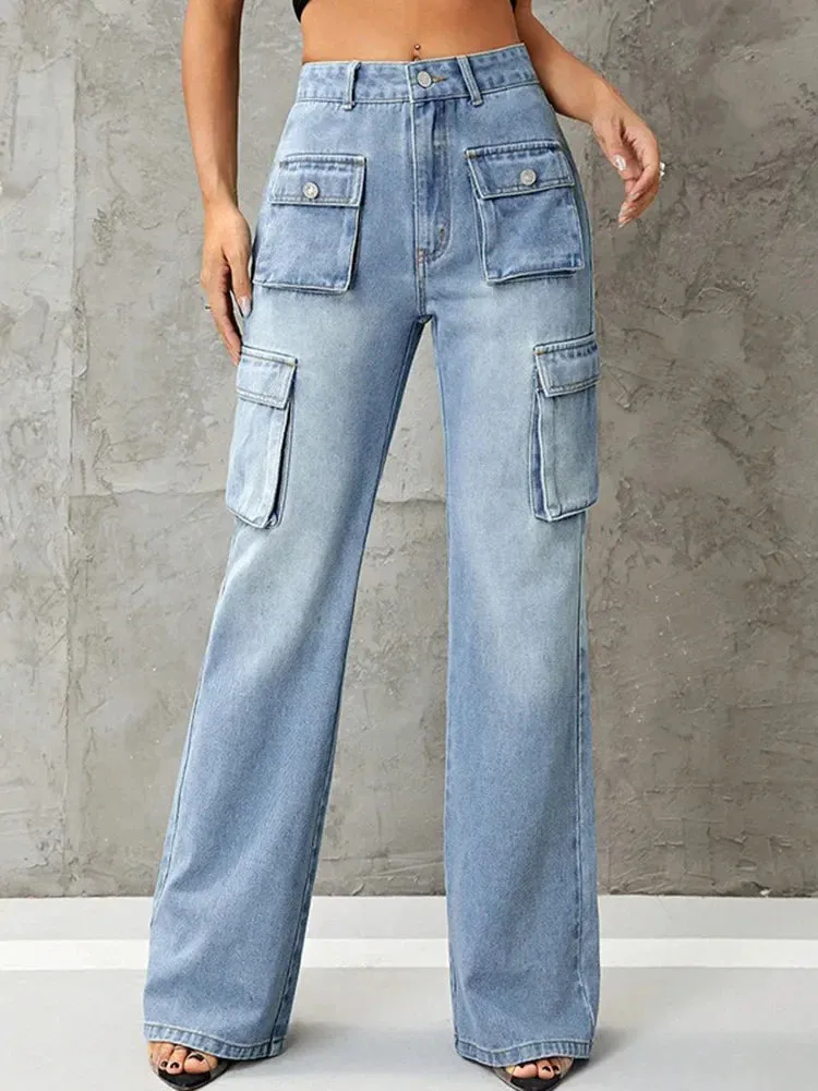 Streetwear Women Y2K Washed Multiple Baggy High Waist Loose Wide Leg Jeans