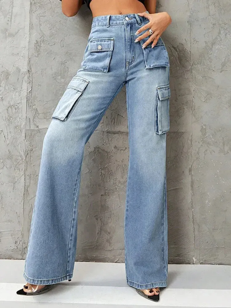 Streetwear Women Y2K Washed Multiple Baggy High Waist Loose Wide Leg Jeans