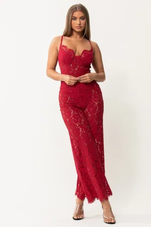 Sweetheart Lace Red Sleeveless Jumpsuit