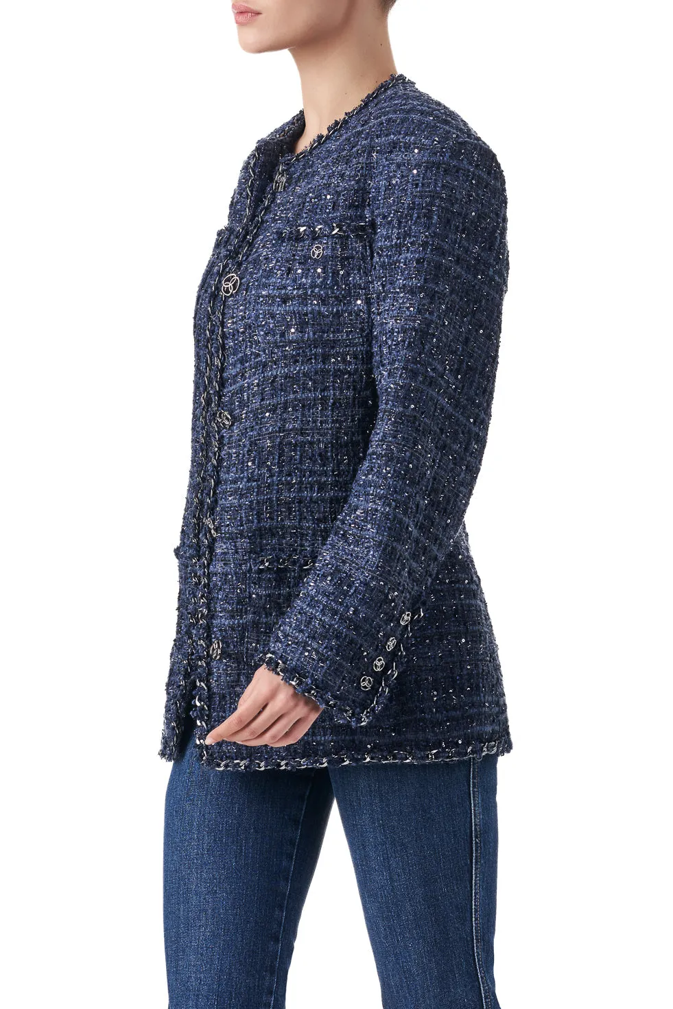 Tamara Blue Chain embellished structured longline blazer