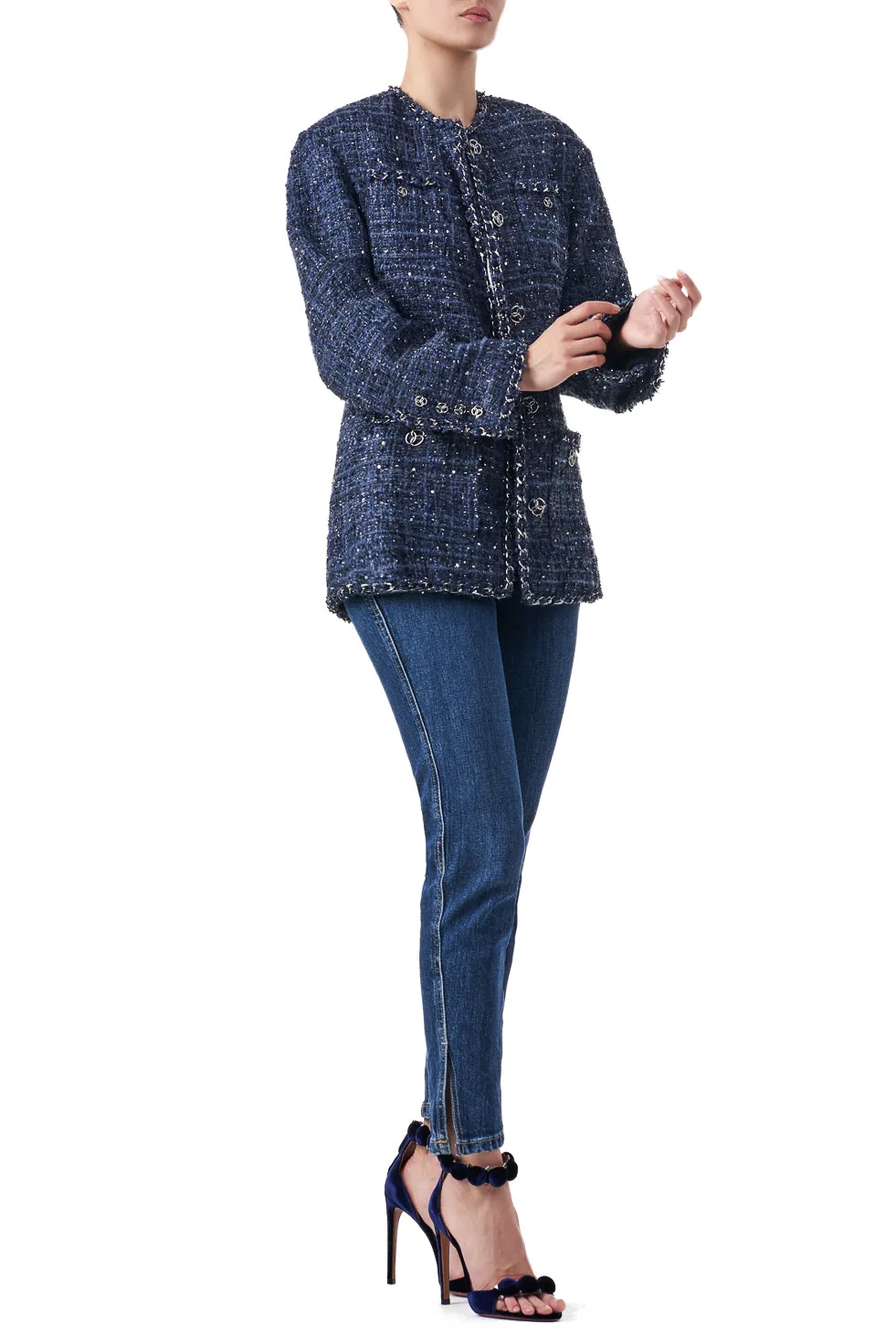Tamara Blue Chain embellished structured longline blazer