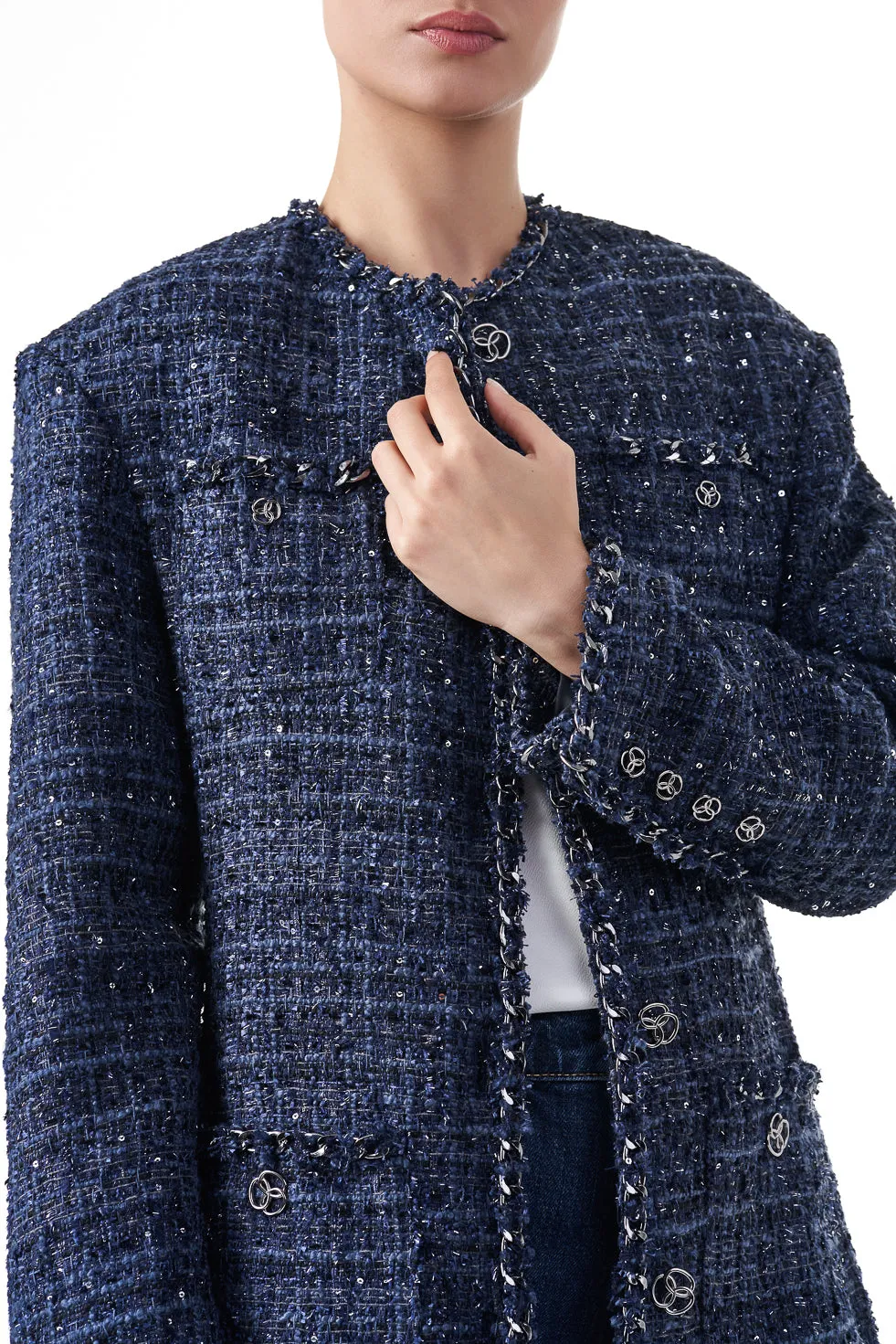 Tamara Blue Chain embellished structured longline blazer