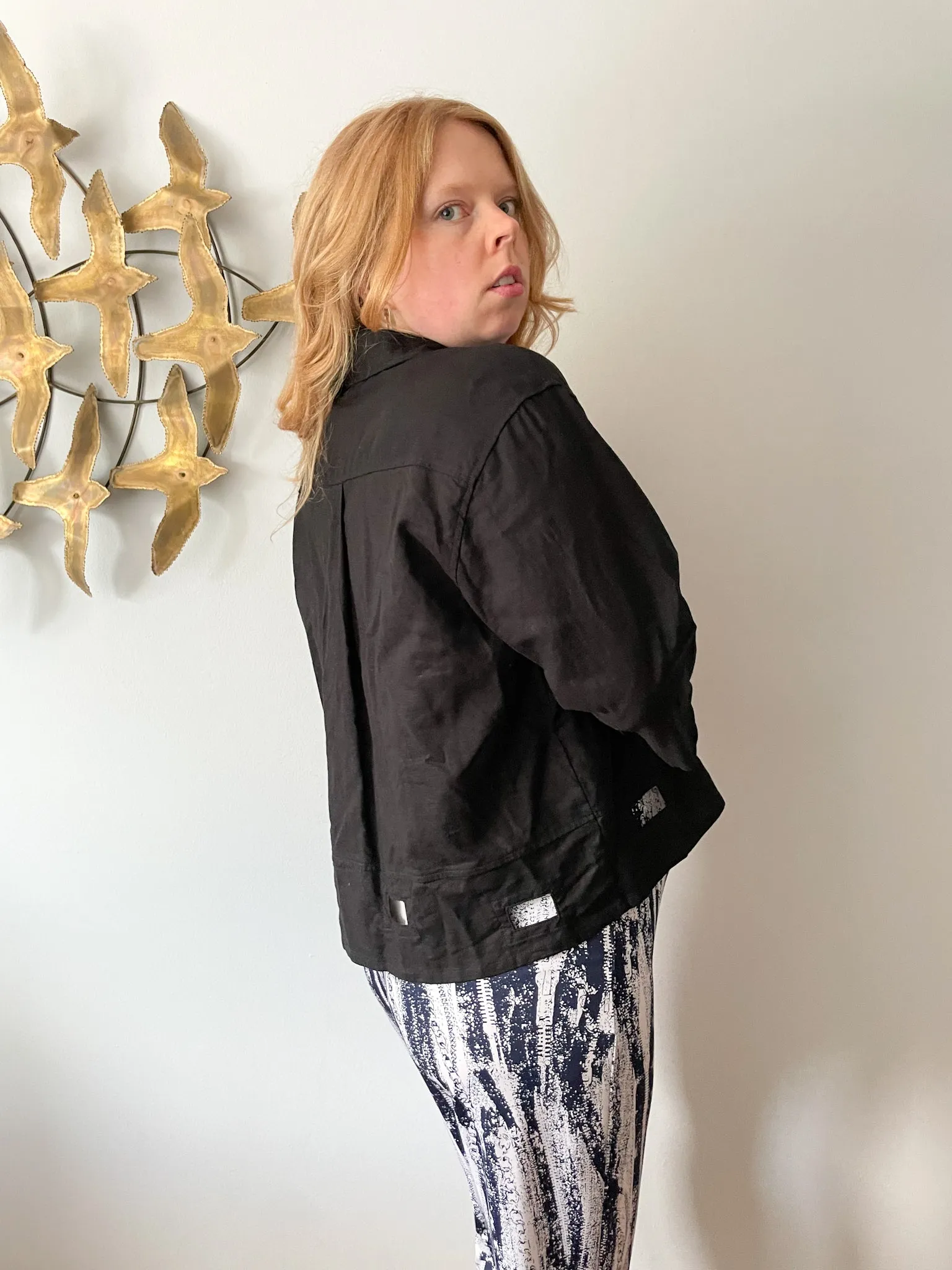 Tara Vao Black 100% Linen Cutout Hem Cropped Sleeve Blazer Jacket - XL
