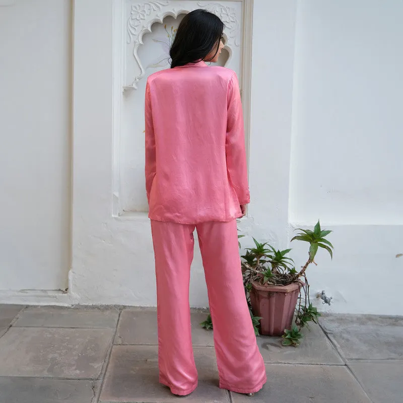 Tencel Co Ord Set For Women | Blazer, Top & Pant  | Oversized Blazer | Pink