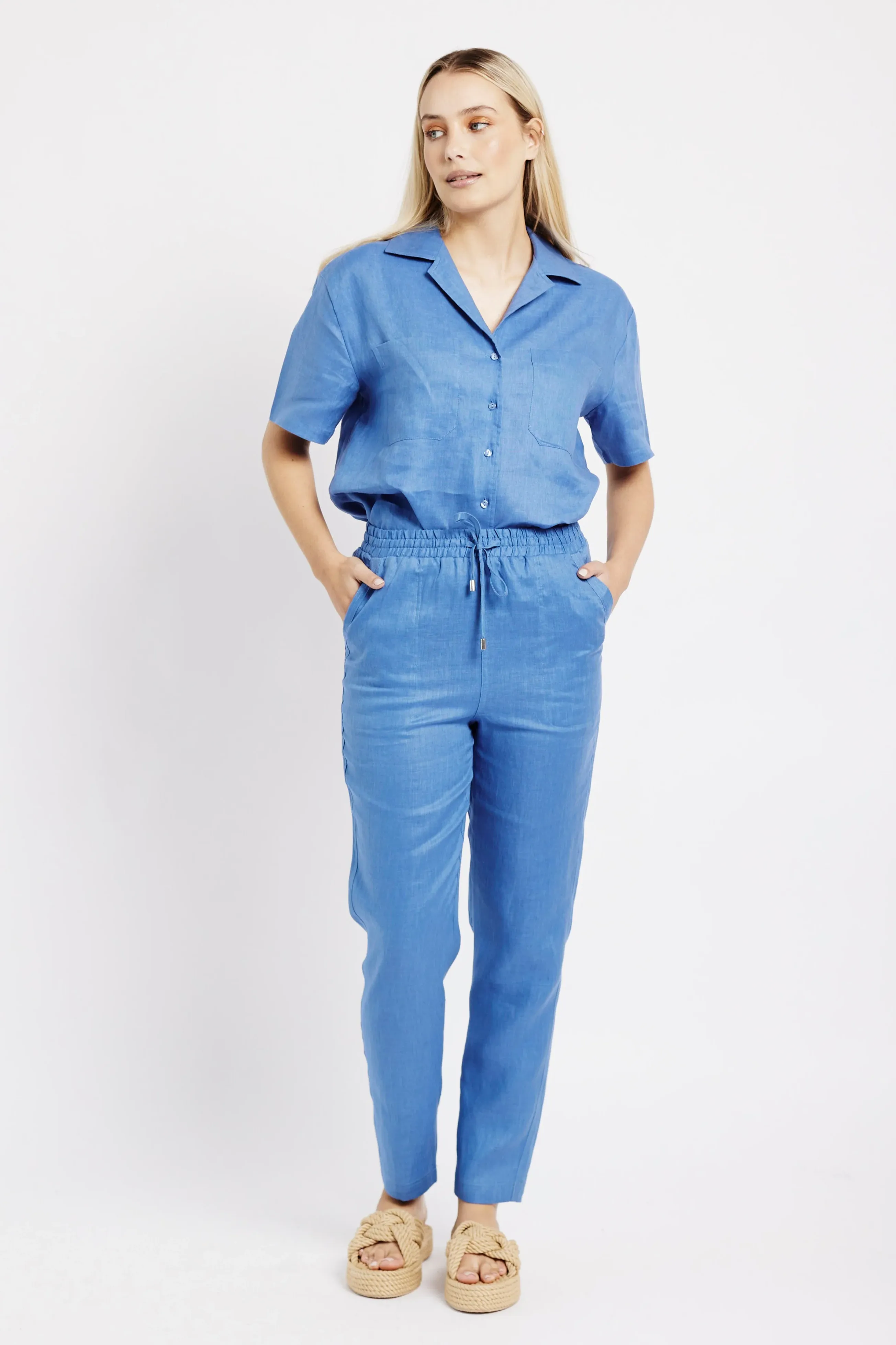 The Ultimate Tapered Leg Linen Pant in Blue