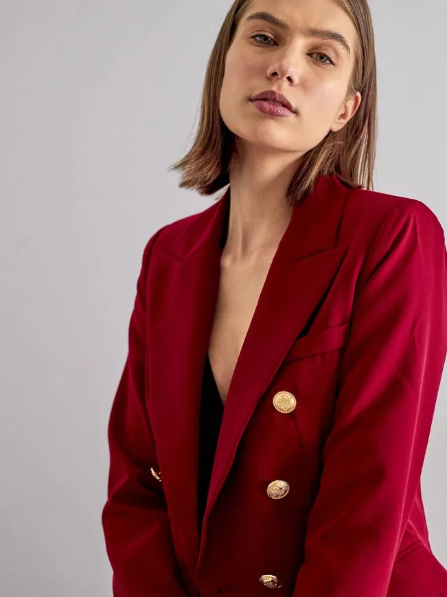 Timeless Fitted Blazer Jacket with Gold Double-Breasted Buttons Bordeaux