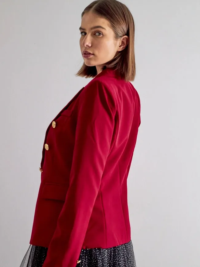 Timeless Fitted Blazer Jacket with Gold Double-Breasted Buttons Bordeaux