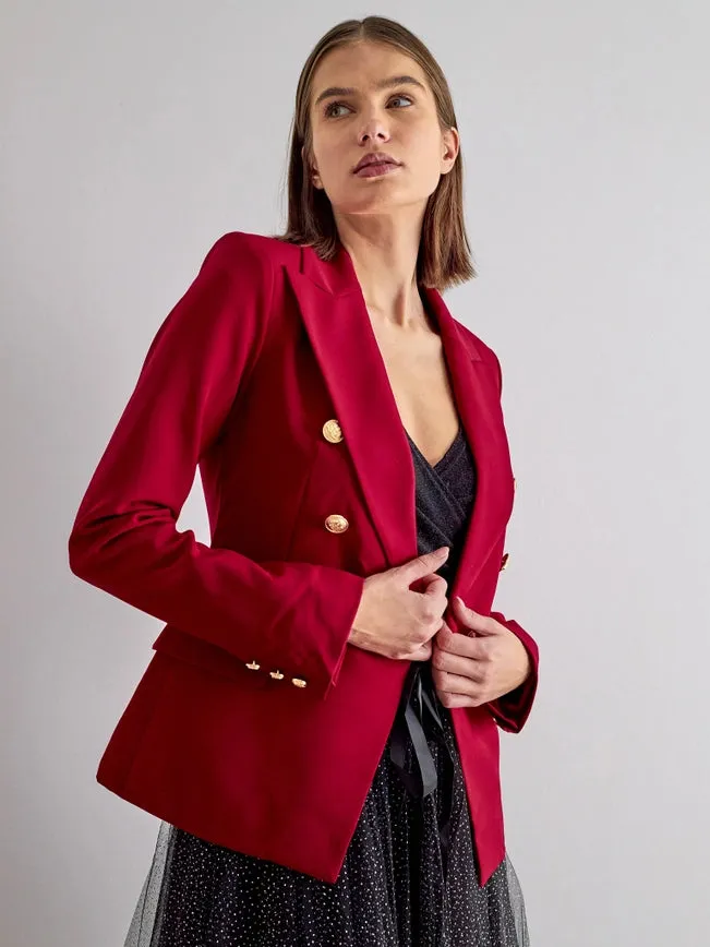 Timeless Fitted Blazer Jacket with Gold Double-Breasted Buttons Bordeaux
