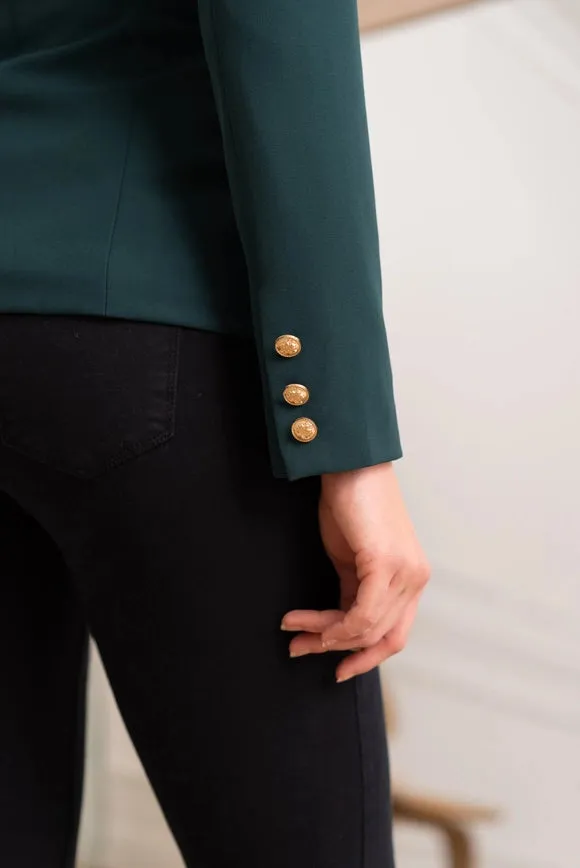 Timeless Fitted Blazer Jacket with Gold Double-Breasted Buttons  Bottle Green