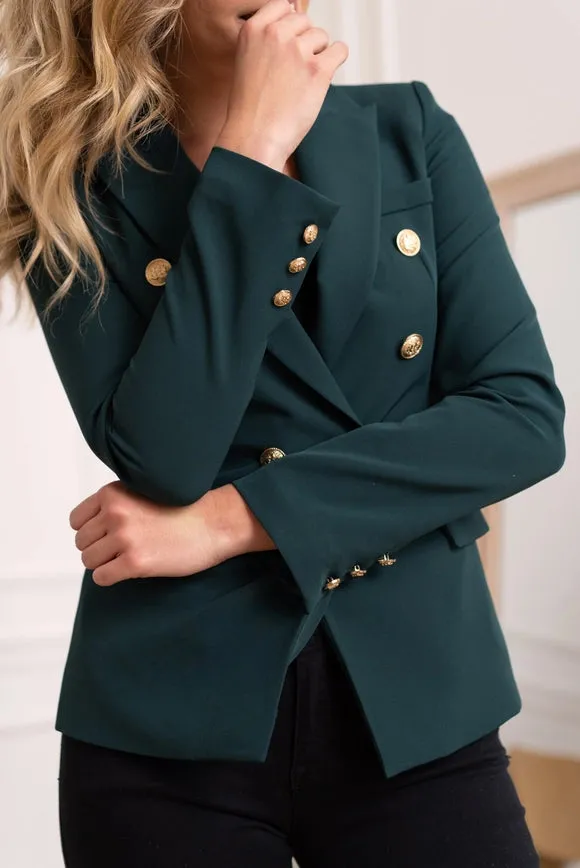 Timeless Fitted Blazer Jacket with Gold Double-Breasted Buttons  Bottle Green