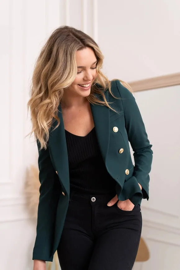 Timeless Fitted Blazer Jacket with Gold Double-Breasted Buttons  Bottle Green