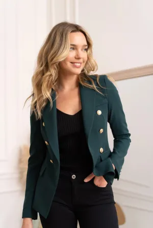 Timeless Fitted Blazer Jacket with Gold Double-Breasted Buttons  Bottle Green