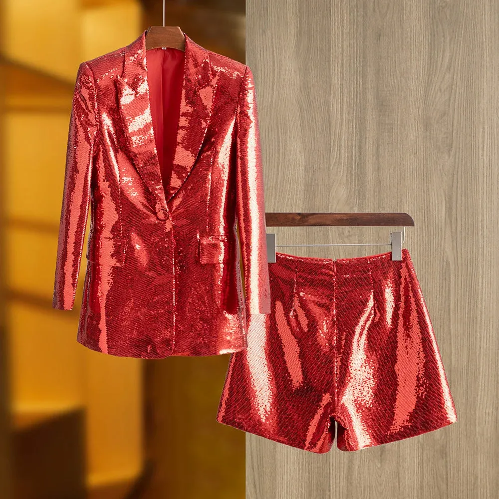 Trend4us Fancy Two-Piece Sequin Blazer and Shorts Set