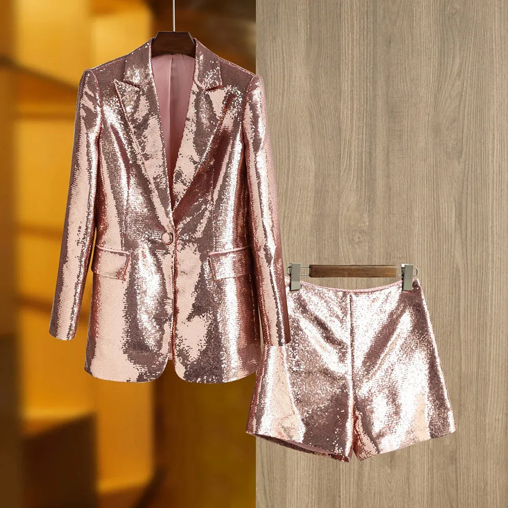 Trend4us Fancy Two-Piece Sequin Blazer and Shorts Set