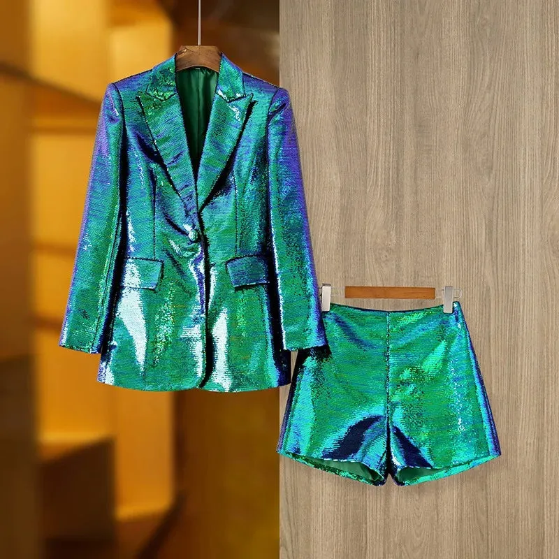 Trend4us Fancy Two-Piece Sequin Blazer and Shorts Set