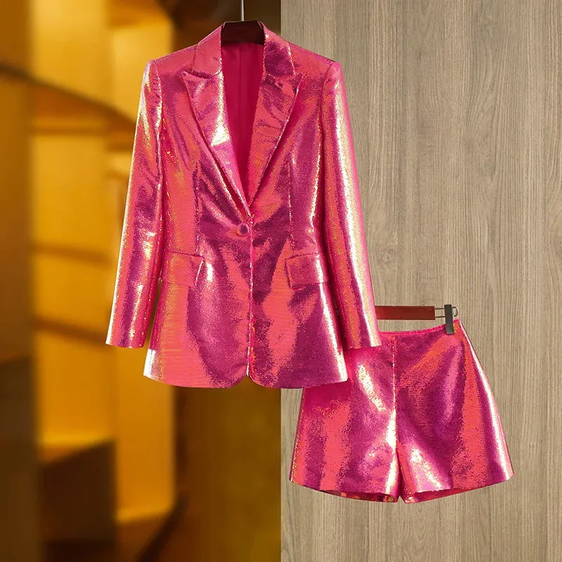 Trend4us Fancy Two-Piece Sequin Blazer and Shorts Set