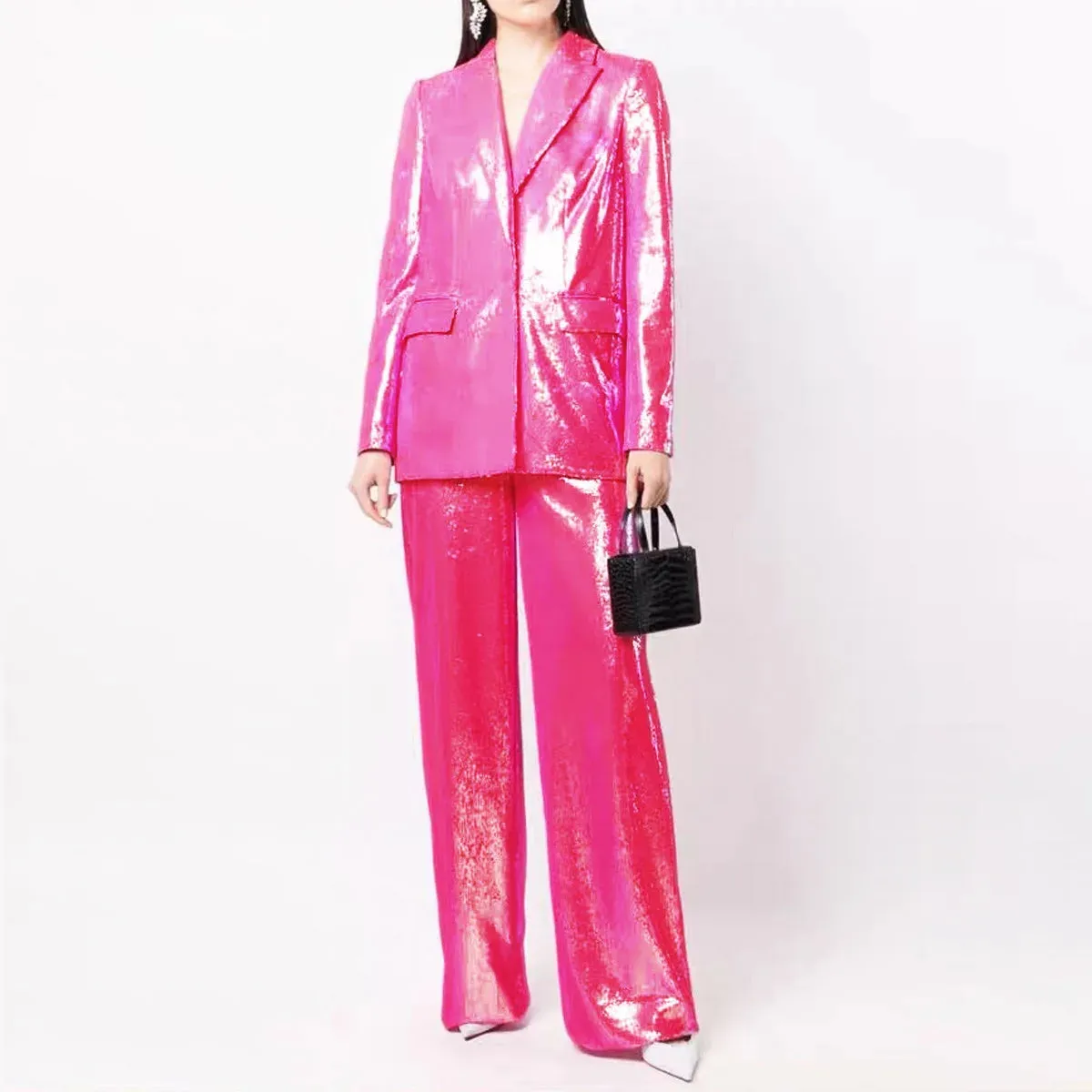Trend4us Shiny Sequin Blazer and Wide-Leg Pants Set