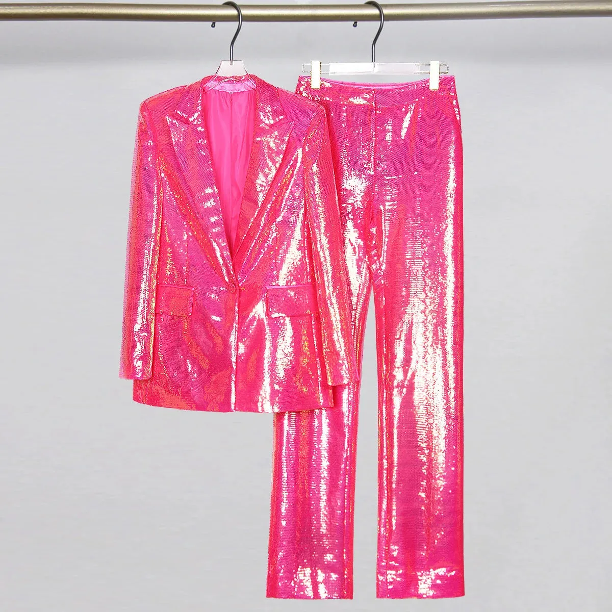 Trend4us Shiny Sequin Blazer and Wide-Leg Pants Set