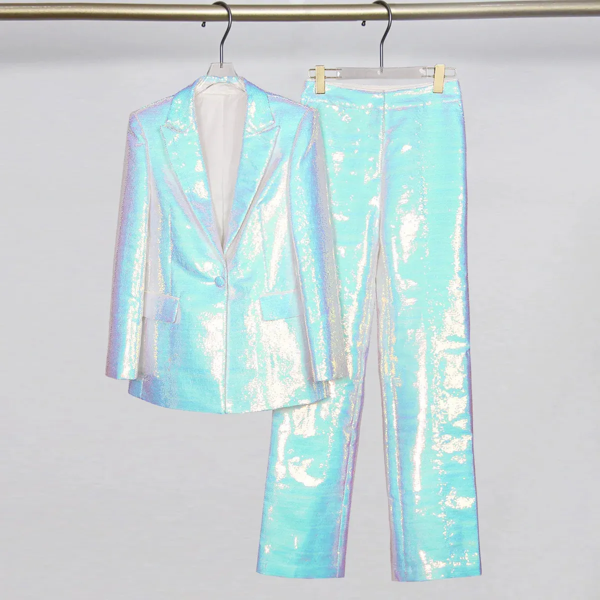 Trend4us Shiny Sequin Blazer and Wide-Leg Pants Set