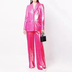 Trend4us Shiny Sequin Blazer and Wide-Leg Pants Set