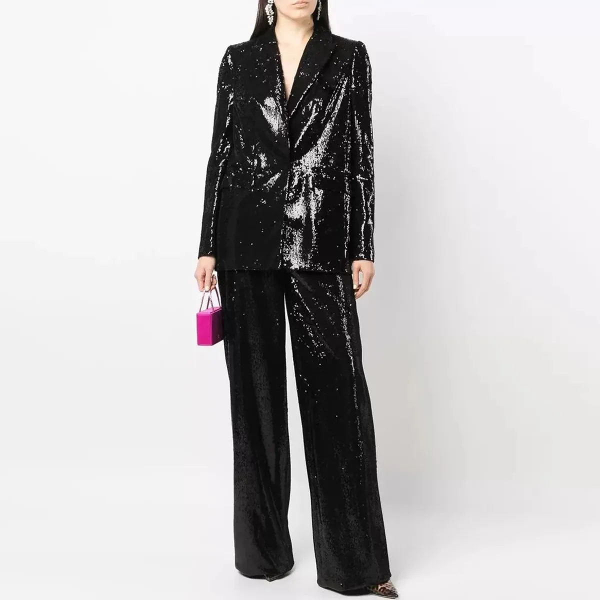 Trend4us Shiny Sequin Blazer and Wide-Leg Pants Set